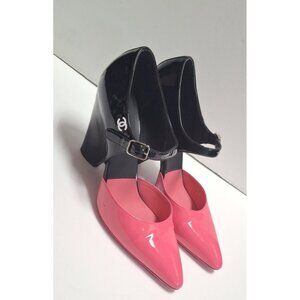Chanel Hot Pink/Black Patent Leather Mary Jane Wedge Pumps Size 39